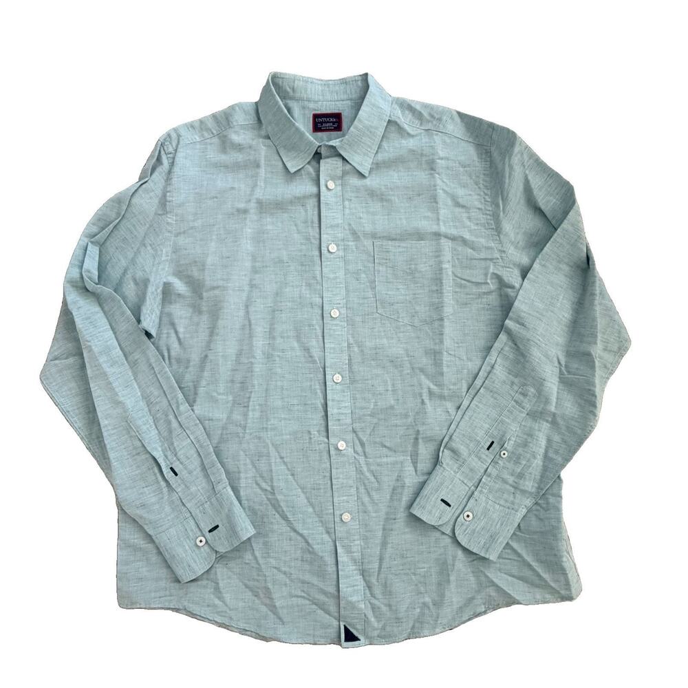 Untuckit Mens XL Button Down Shirt Long Sleeve Cotton Linen Blue Green